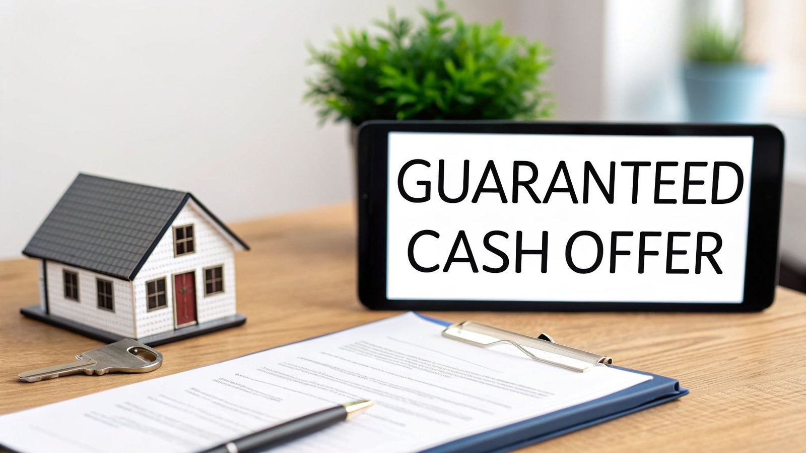 A tablet displaying 'Guaranteed Cash Offer' next to a model house, a key, and a contract on a wooden table.