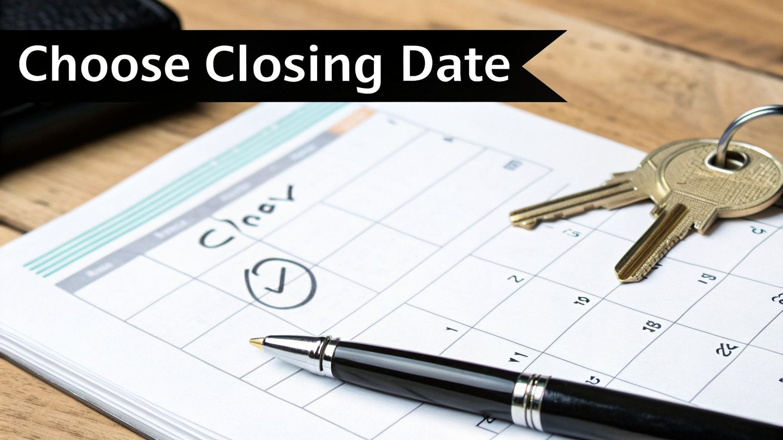 A calendar with a 'Closing Date' circled, a pen, and house keys, symbolizing choosing a home closing date.