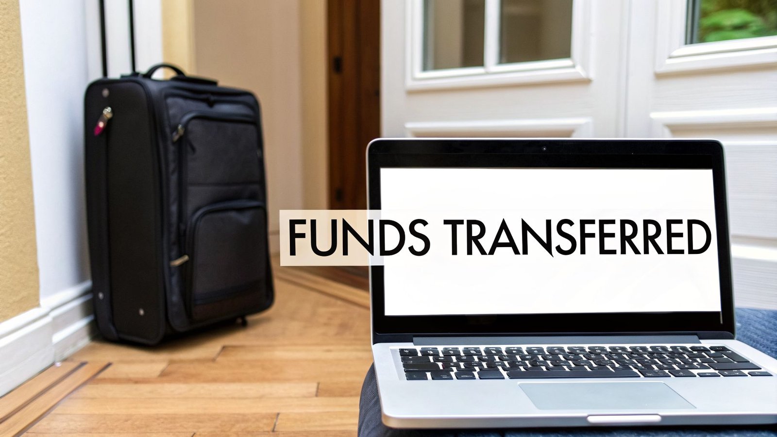 A black suitcase stands by a wall next to a laptop displaying 'FUNDS TRANSFERRED' on its screen.