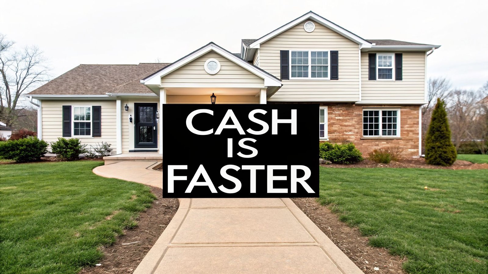 A house with light yellow siding and a brown roof, featuring a black sign on the lawn that reads 'CASH IS FASTER' in white text.