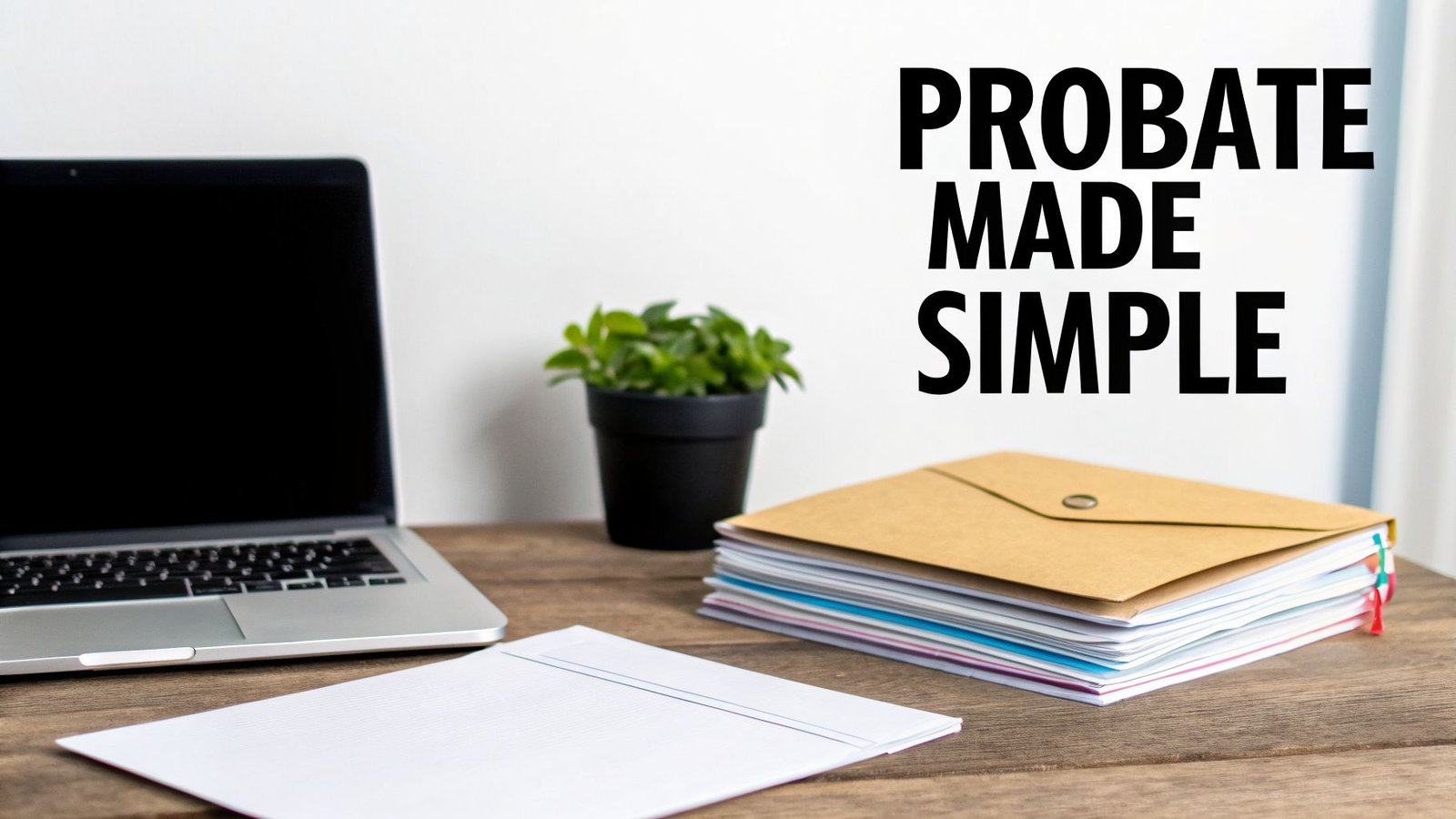 Desk with laptop, small plant, stack of documents, and text 'PROBATE MADE SIMPLE'.