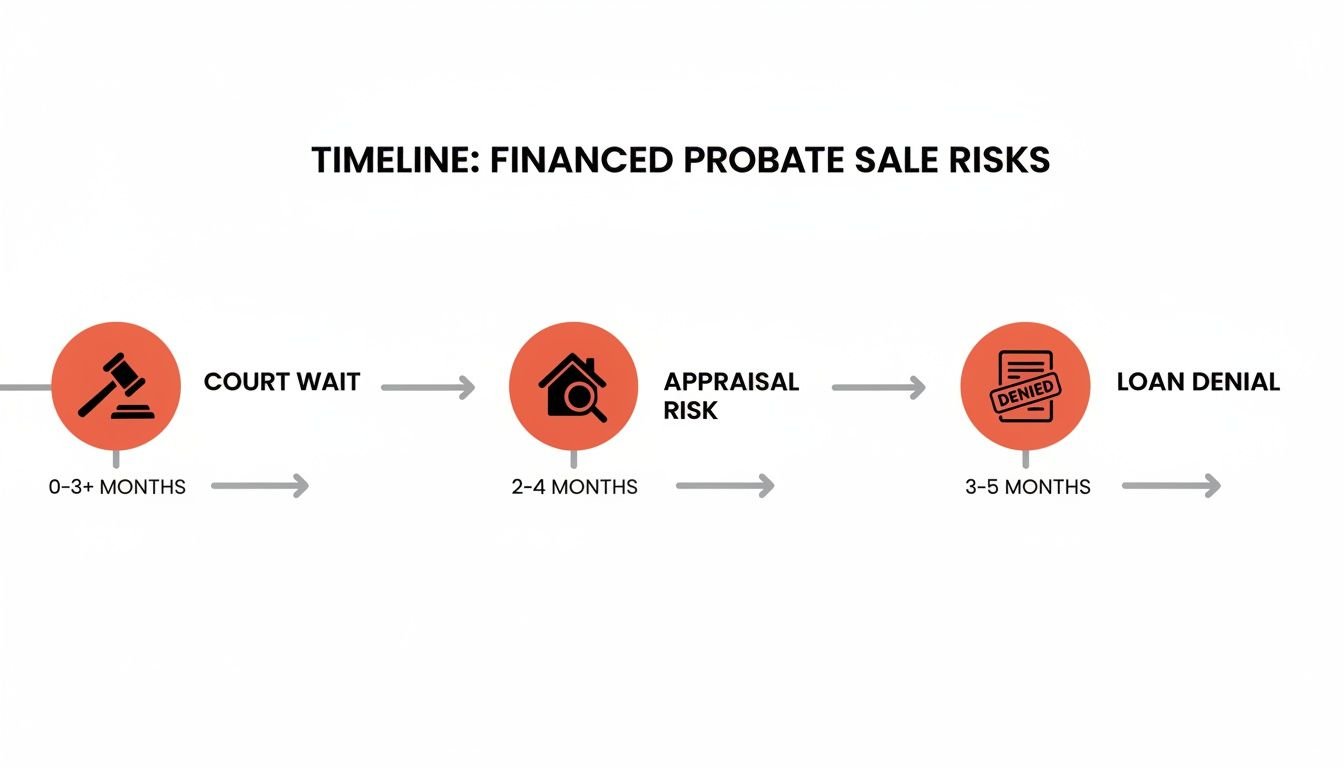 Timeline illustrating risks in financed probate sales: court wait, appraisal risk, and loan denial with associated timeframes.