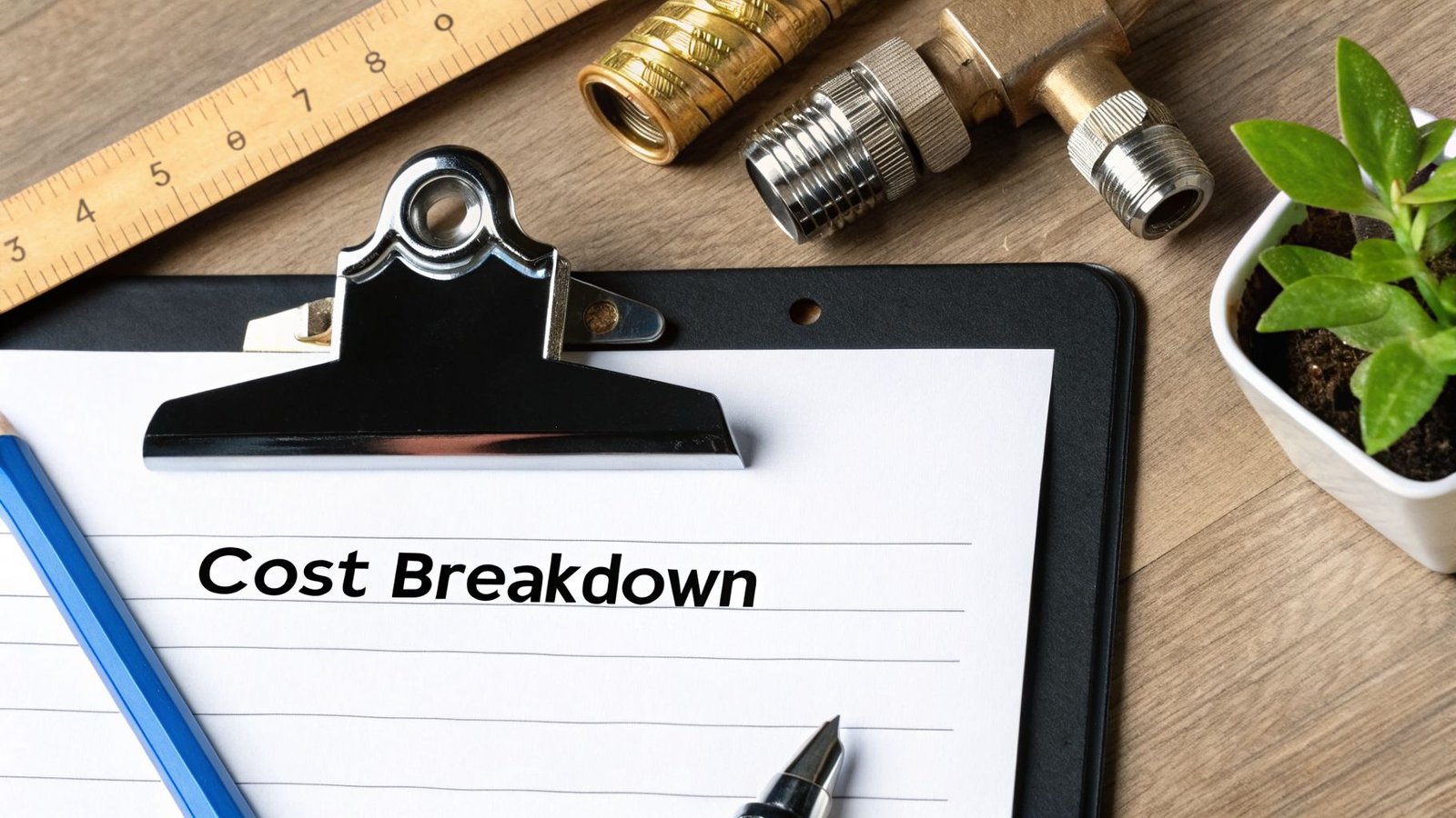 A clipboard with 'Cost Breakdown' written on paper, alongside a ruler, plumbing fittings, a pencil, and a plant.
