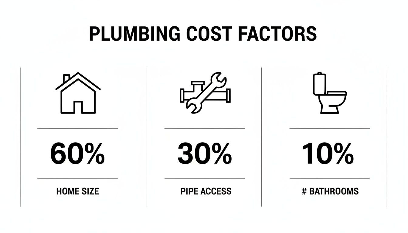 An infographic detailing plumbing cost factors: 60% for home size, 30% for pipe access, and 10% for number of bathrooms.