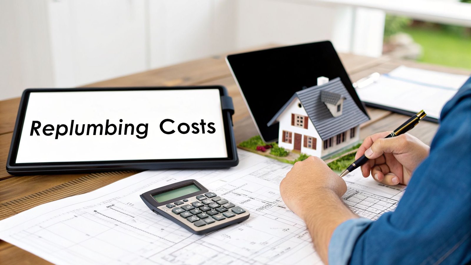Man calculating replumbing costs for a house, with plans, a calculator, and a house model.