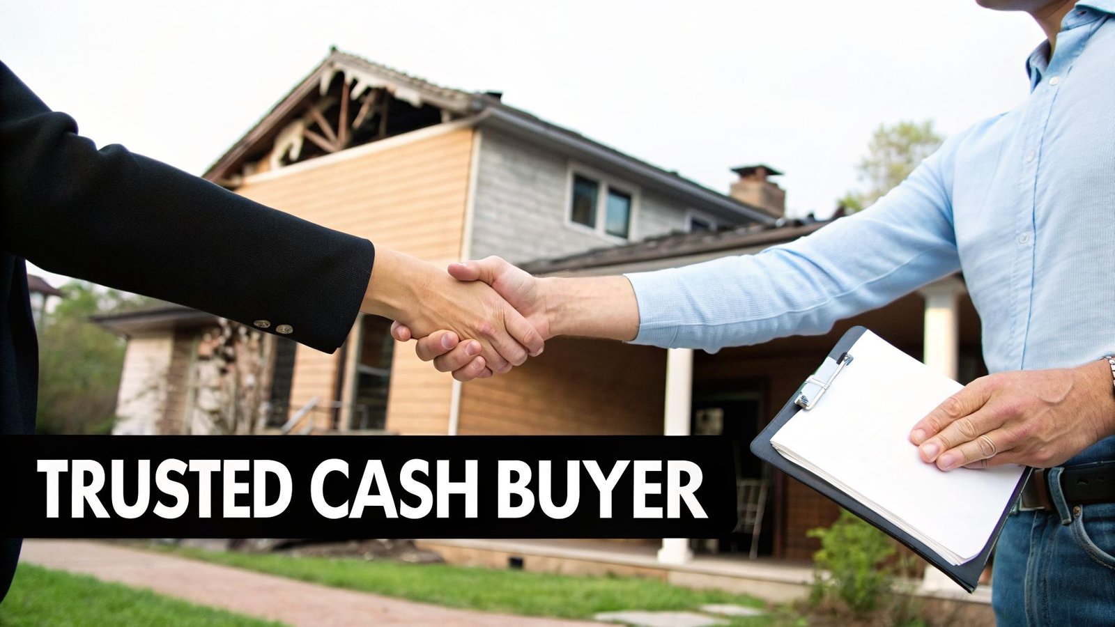 Two individuals shake hands in front of a house with visible roof damage, and text 'TRUSTED CASH BUYER'.