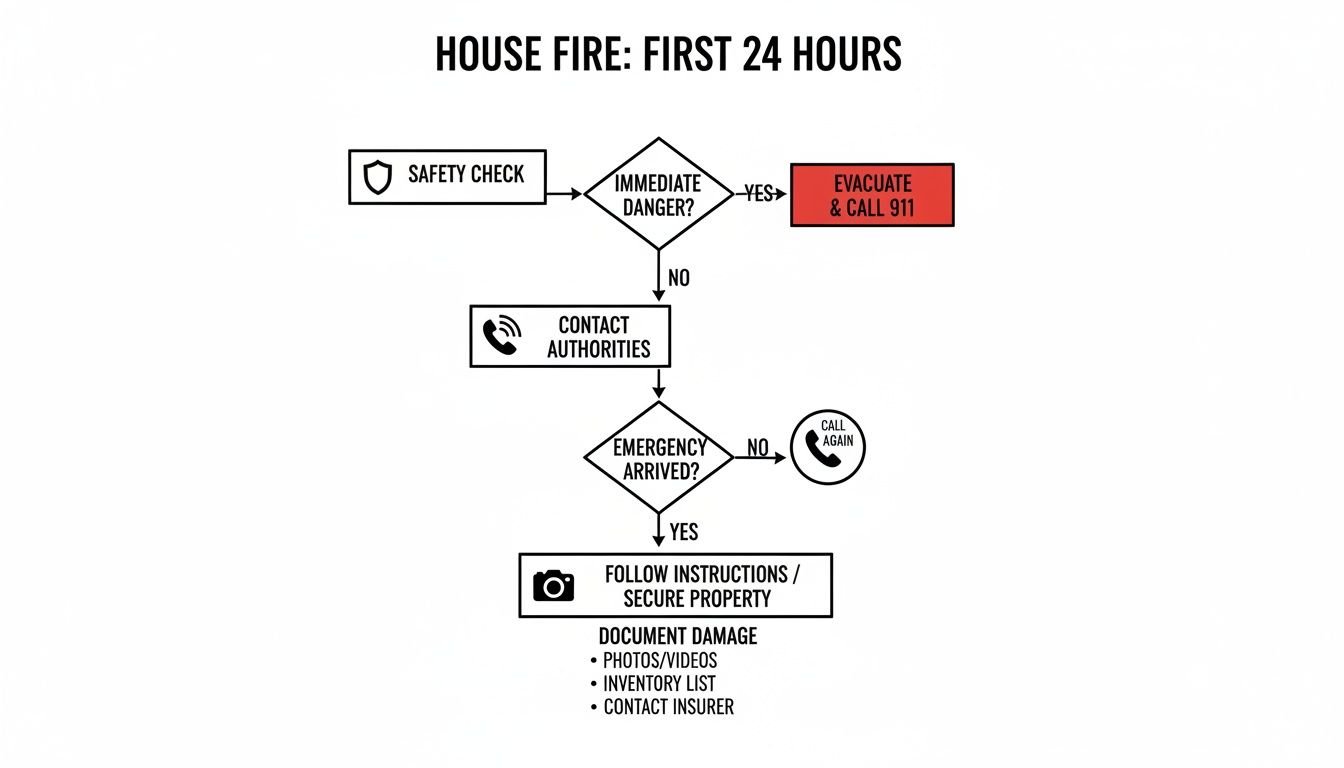 Flowchart detailing the immediate steps to take after a house fire, including safety, calling 911, contacting authorities, and documenting damage.