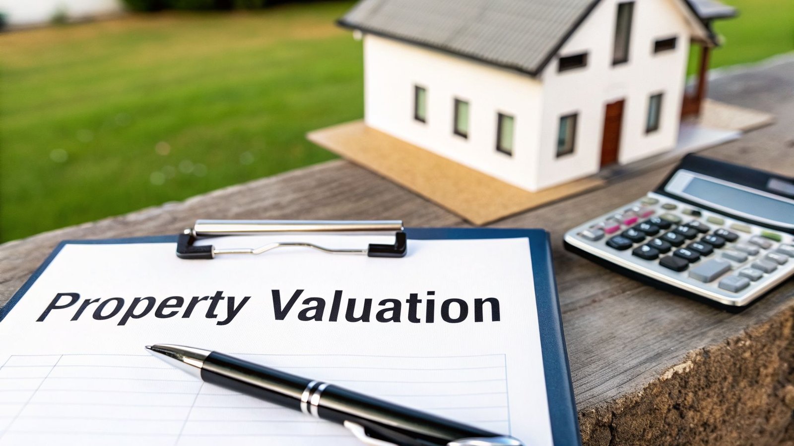 A clipboard with 'Property Valuation' text, a pen, a calculator, and a model house.