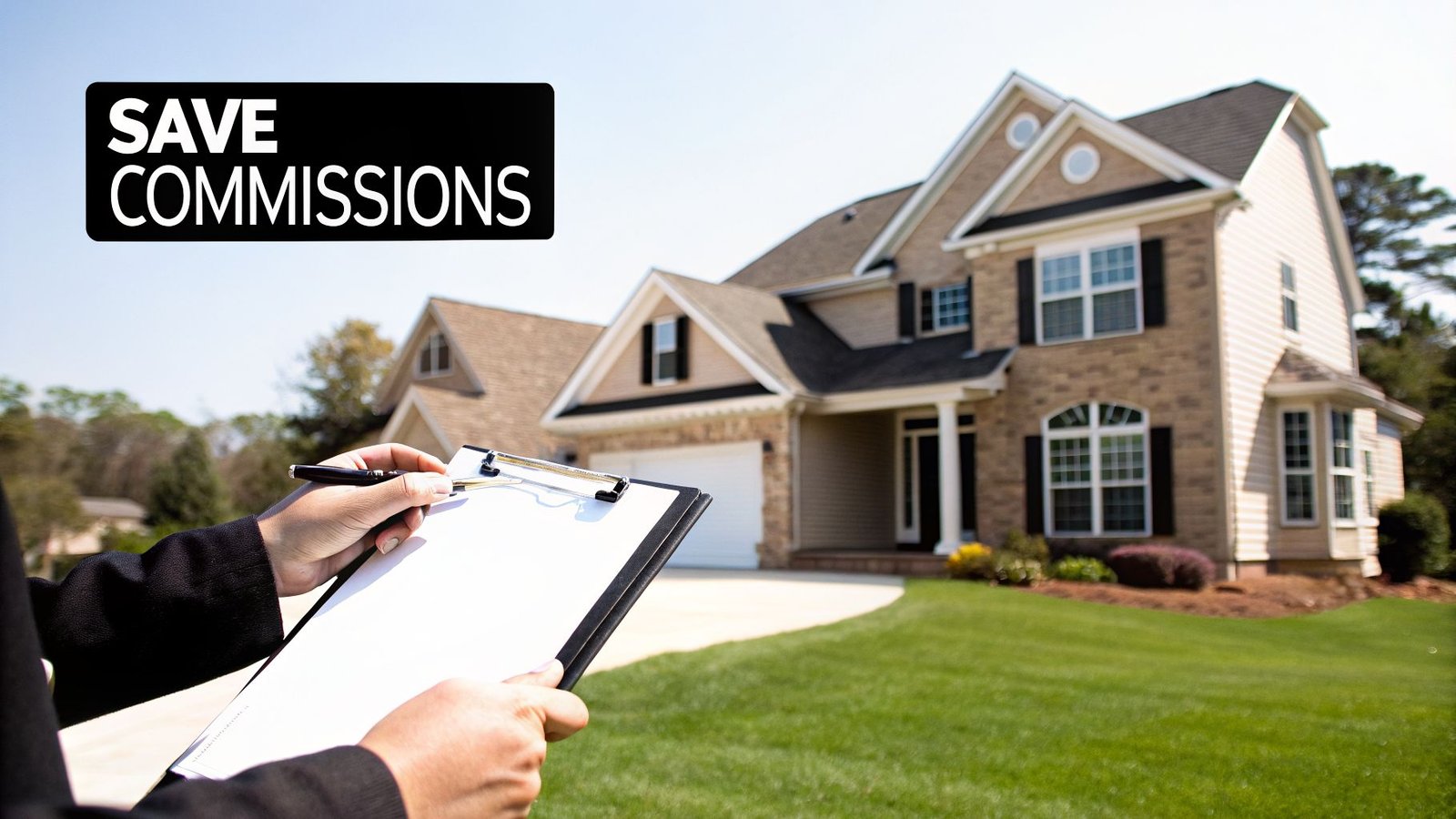 Person with clipboard inspecting a modern house, highlighting commission savings.