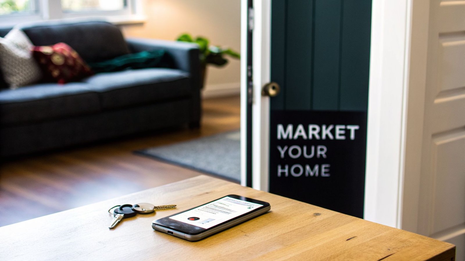 A smartphone and keys on a wooden table, with a "MARKET YOUR HOME" sign in an open doorway.