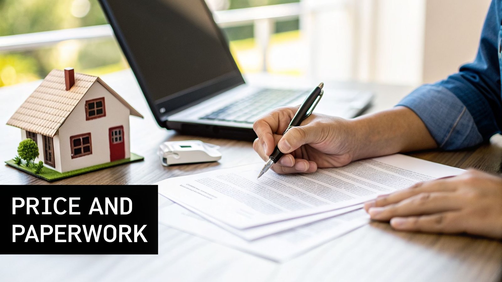 A person signs real estate paperwork with a pen, next to a miniature house model and a laptop.