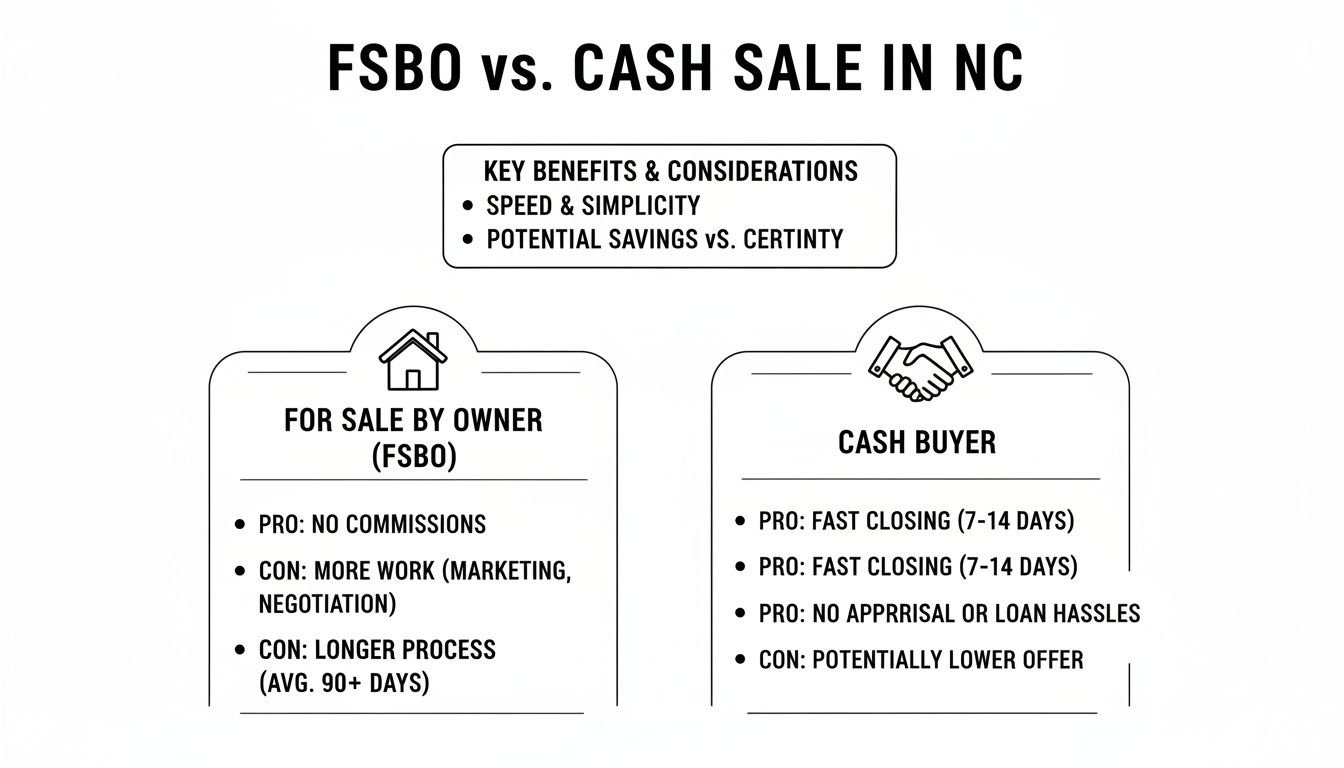 Infographic comparing For Sale By Owner (FSBO) and Cash Buyer options for selling a house in NC, detailing pros and cons.