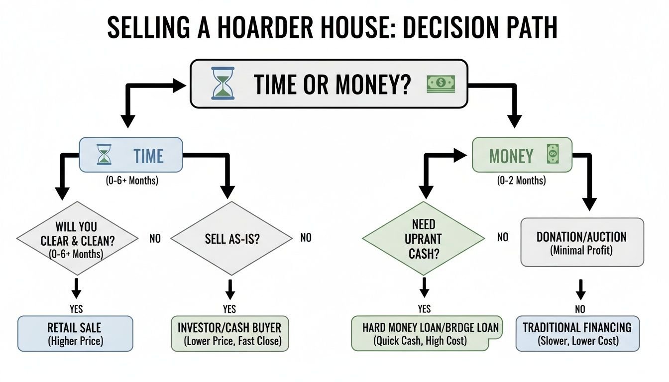 Flowchart outlining the decision path for selling a hoarder house, considering time or money factors.
