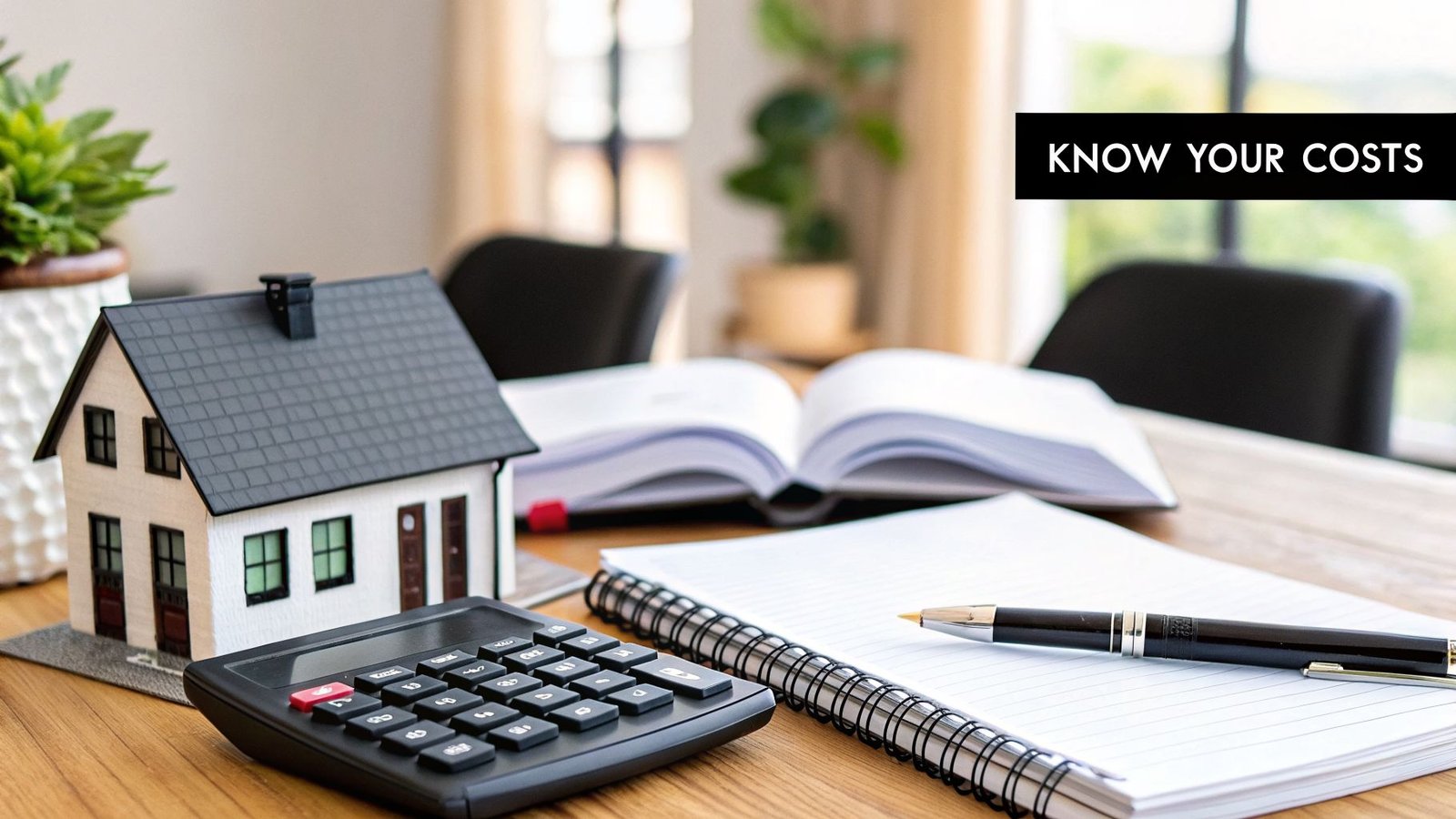A miniature house model, calculator, pen, and notebook on a wooden desk with 'KNOW YOUR COSTS' text.