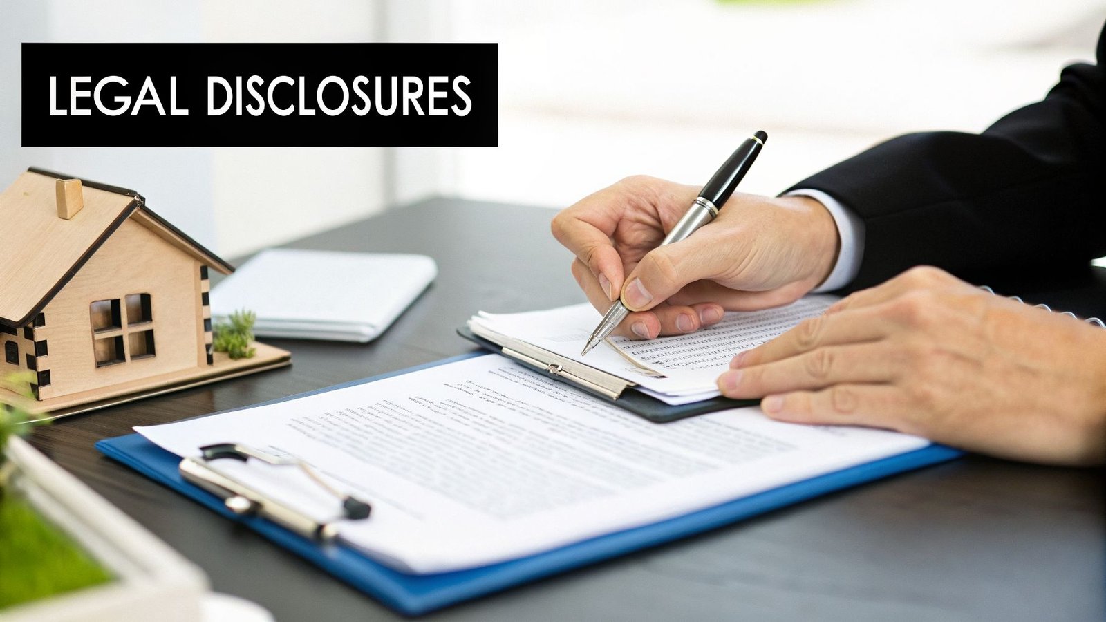 A person signing legal disclosure documents on a desk with a small wooden house model.