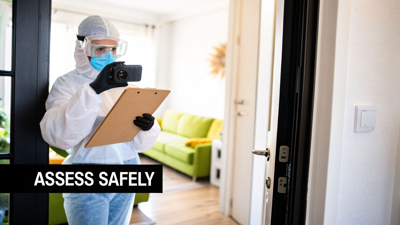 A person in a full white protective suit, mask, and goggles holds a camera and clipboard while inspecting a home.