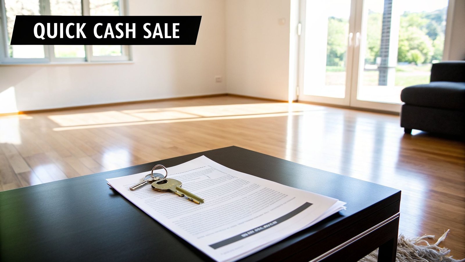 Real estate keys and documents on a table in a bright, empty room with a 'QUICK CASH SALE' banner.