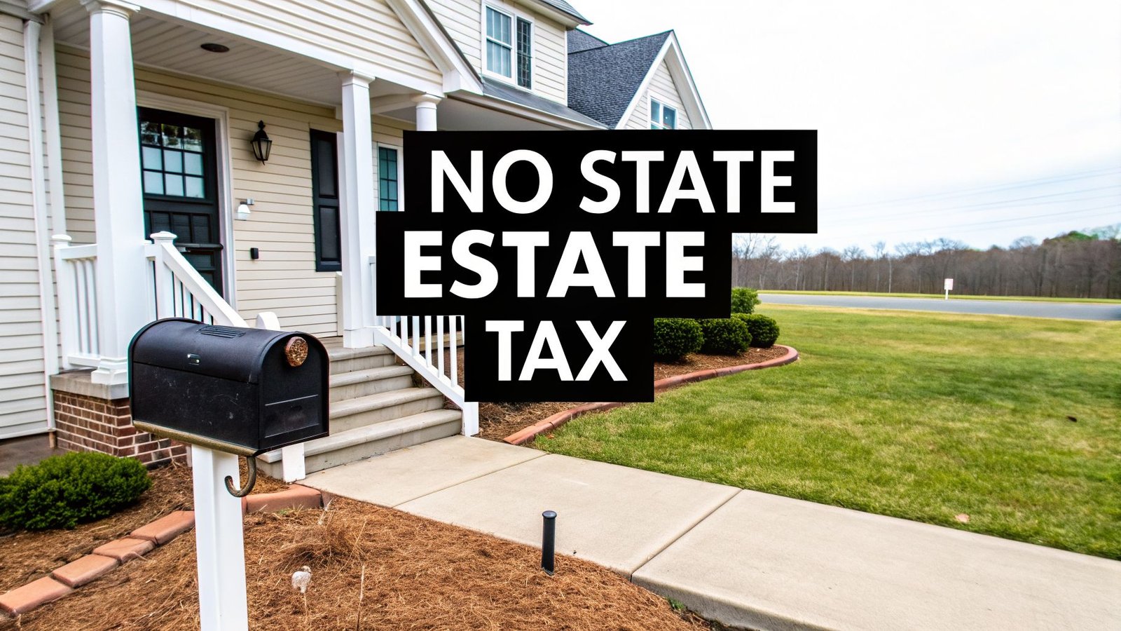 A residential house with a mailbox, green lawn, and sidewalk, overlaid with 'NO STATE ESTATE TAX' text.