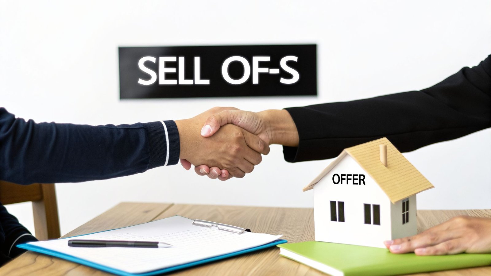 Two people shaking hands over a real estate offer for a house, symbolizing a property sale.