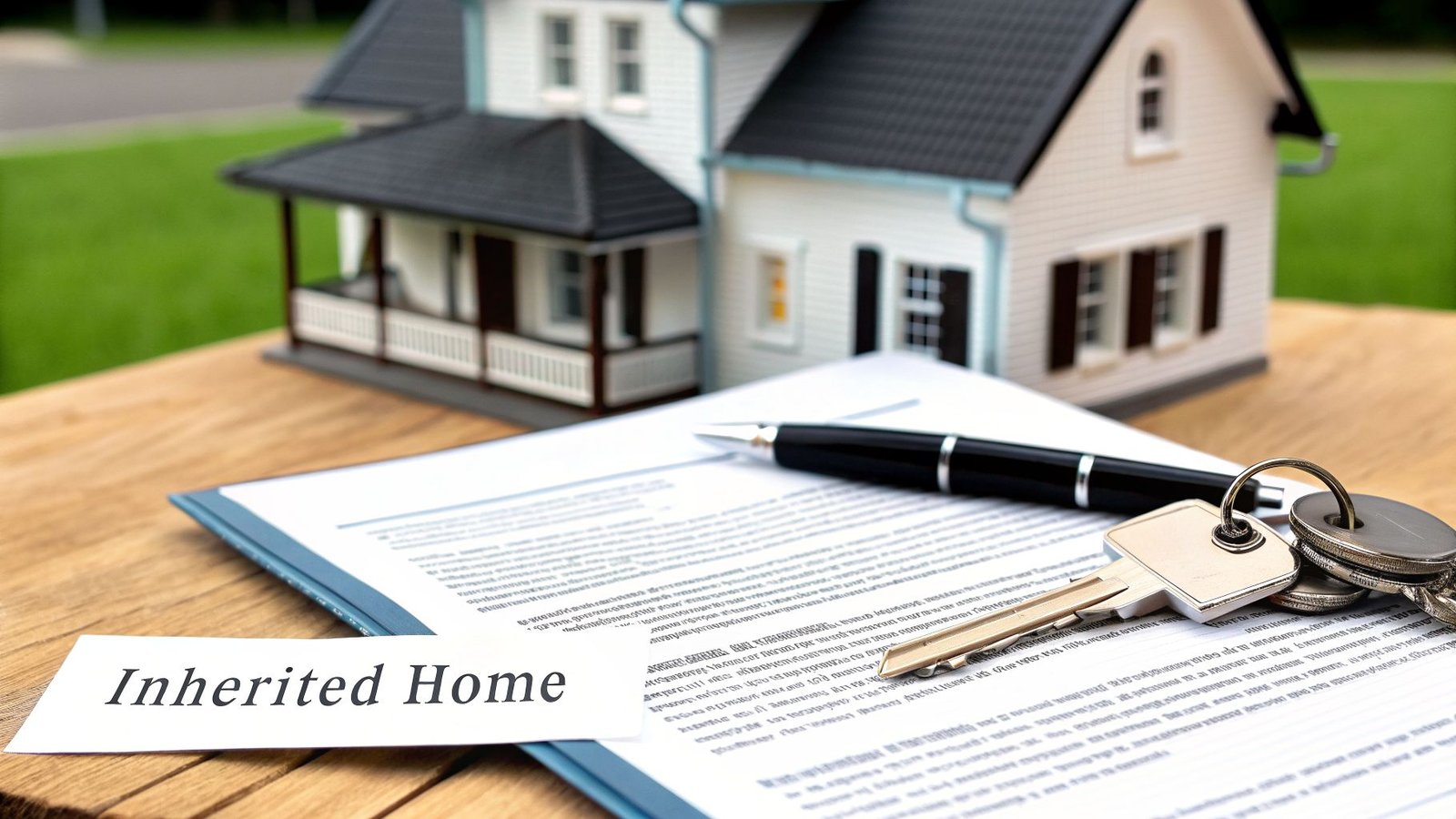A model house, legal documents, a pen, and keys on a wooden table with 'Inherited Home' text.