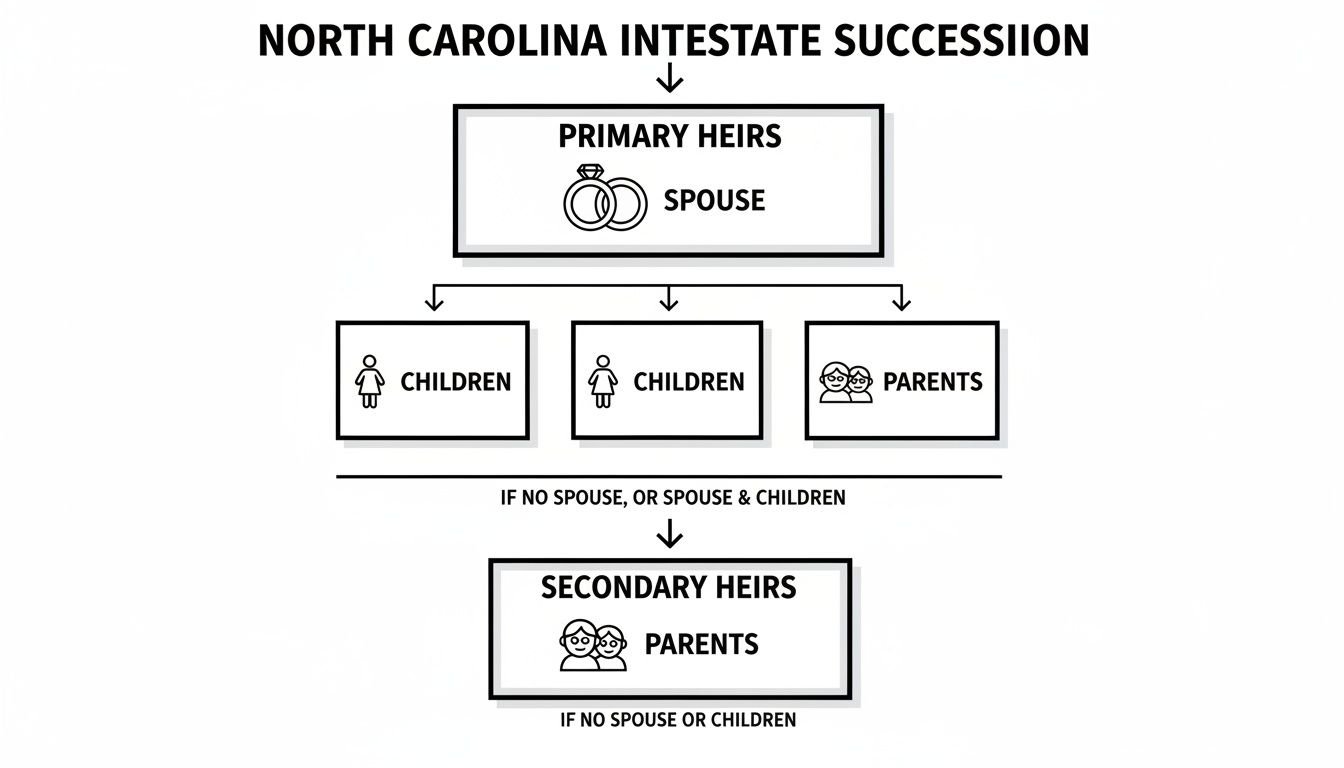 Flowchart detailing North Carolina intestate succession, showing primary and secondary heirs including spouse, children, and parents.