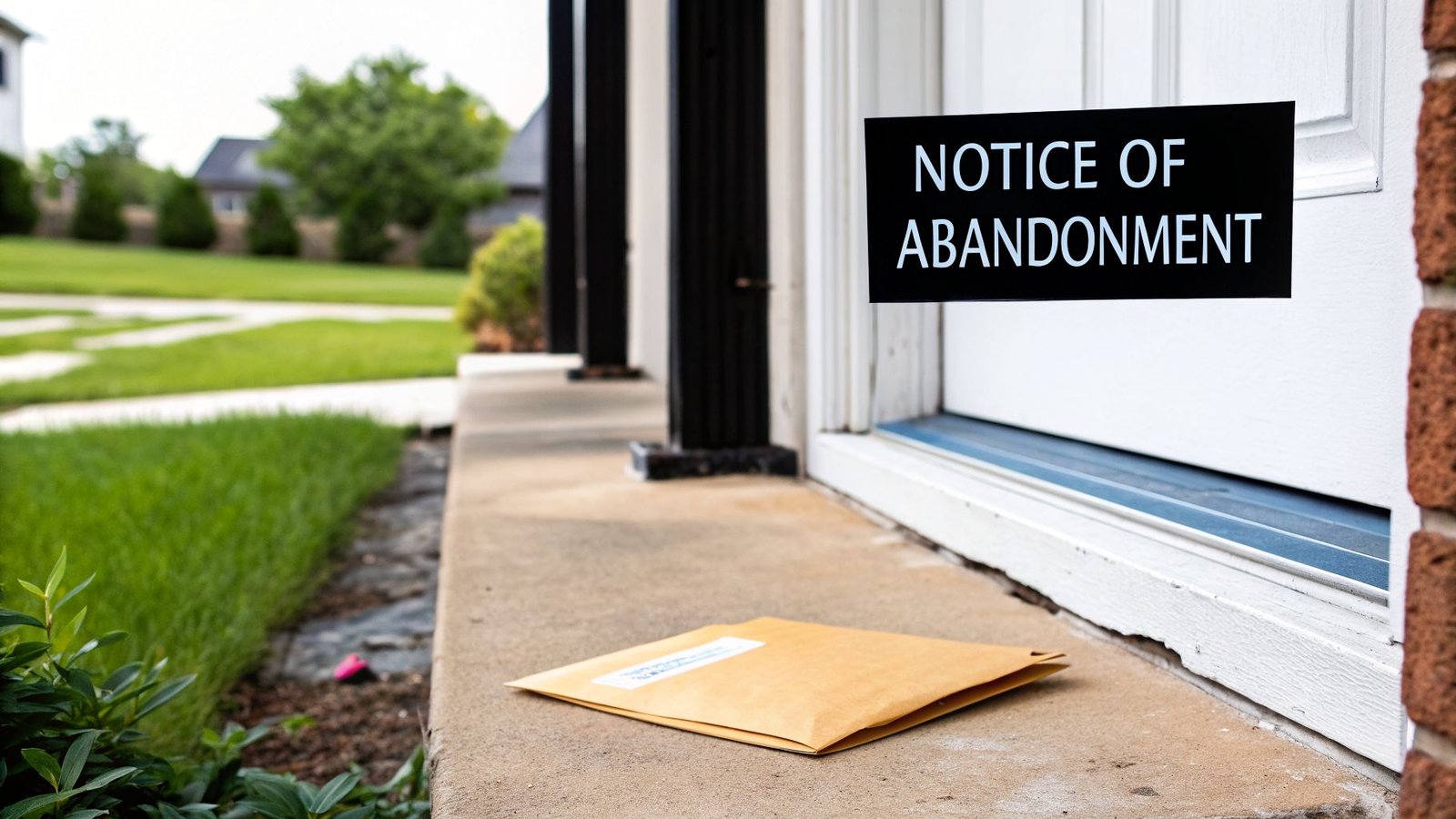 A black 'NOTICE OF ABANDONMENT' sign on a white door, with an envelope on the concrete porch.
