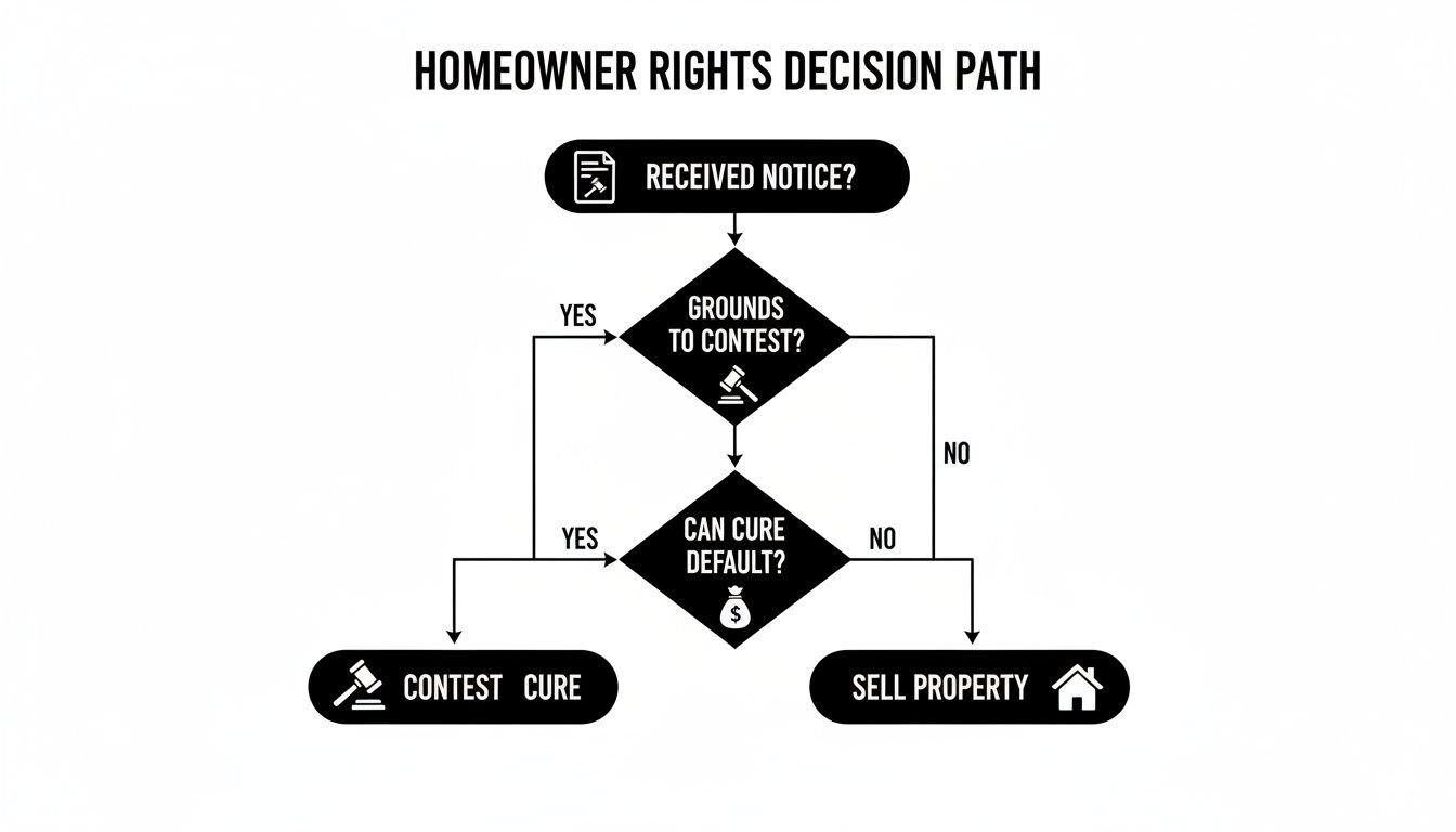 Flowchart illustrating homeowner rights decision path: received notice, grounds to contest, can cure default, leading to contest/cure or sell property.