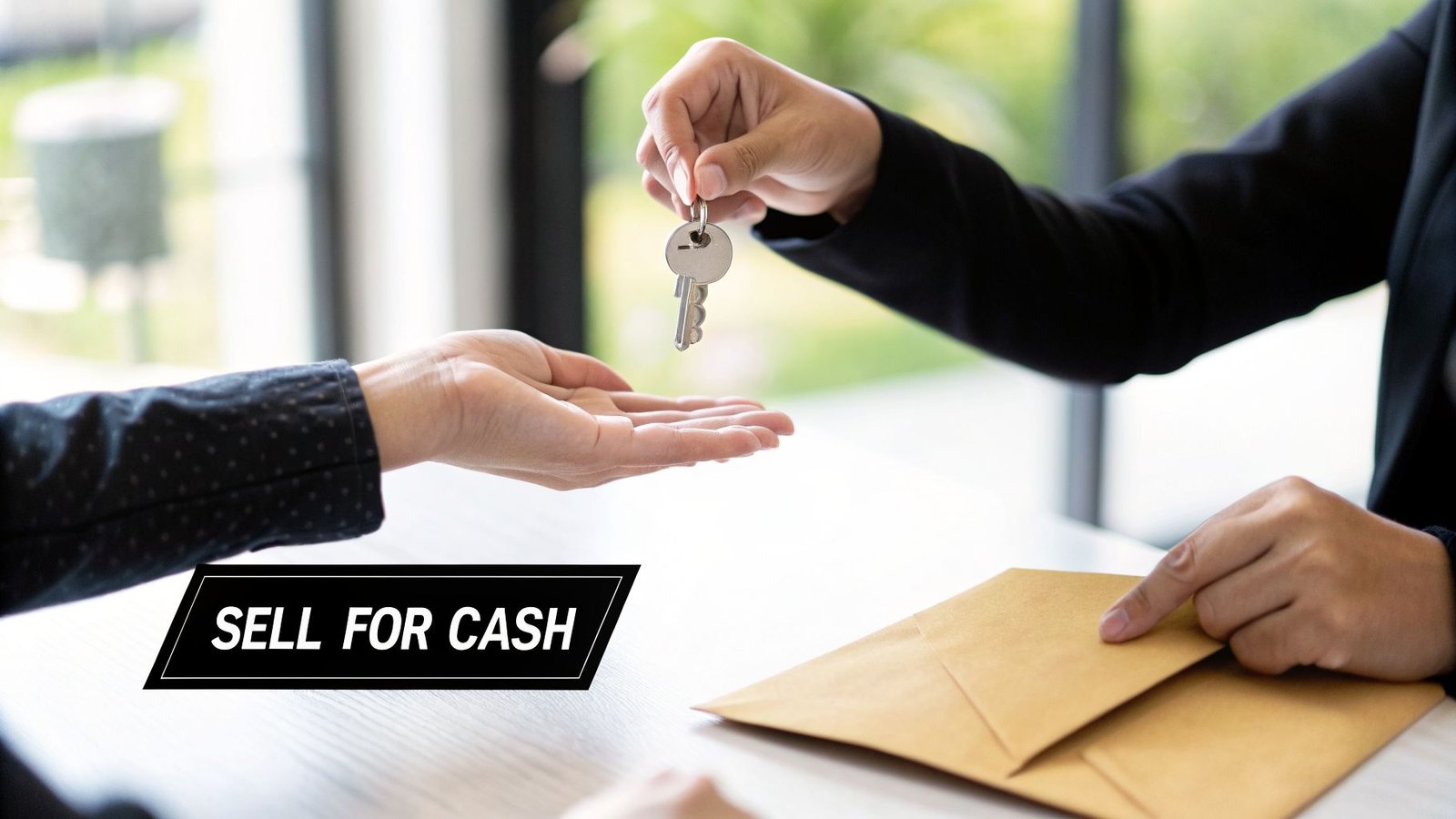 Two people exchanging house keys and envelopes, symbolizing a property transaction with 'SELL FOR CASH' text.