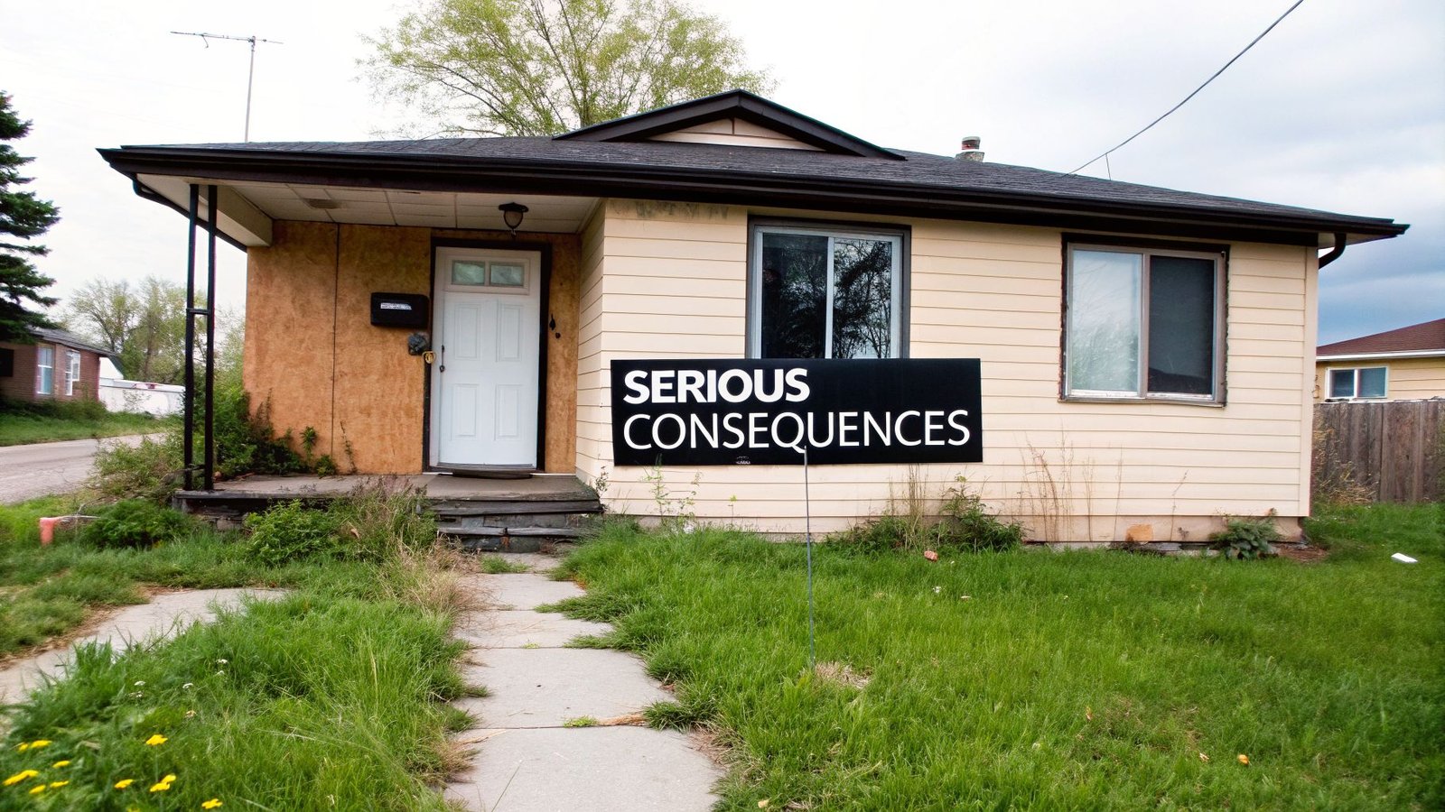 An abandoned house with a “Serious Consequences” sign on the front lawn and an overgrown yard.