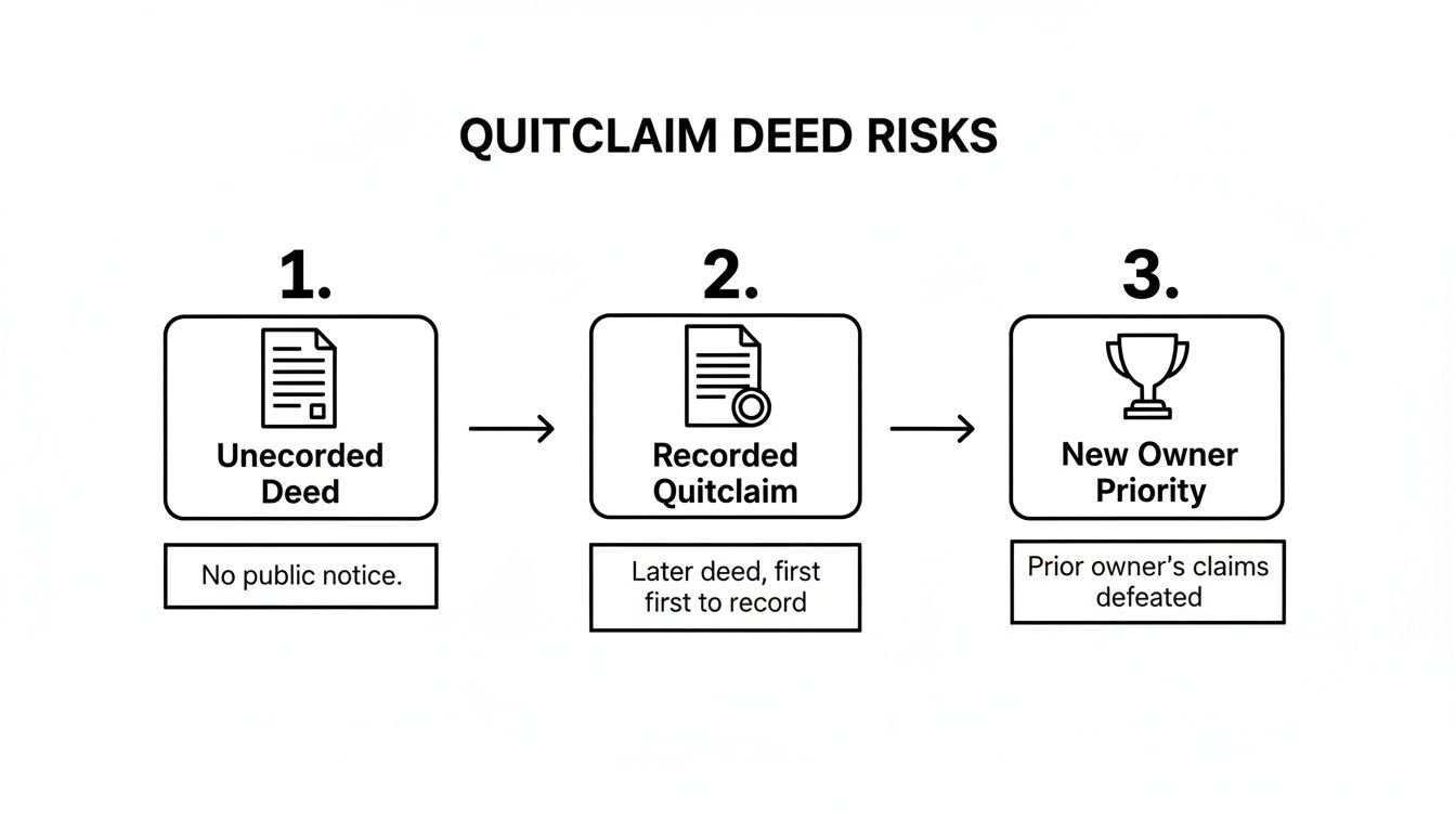 Flowchart illustrating quitclaim deed risks, showing unrecorded, recorded, and new owner priority steps.