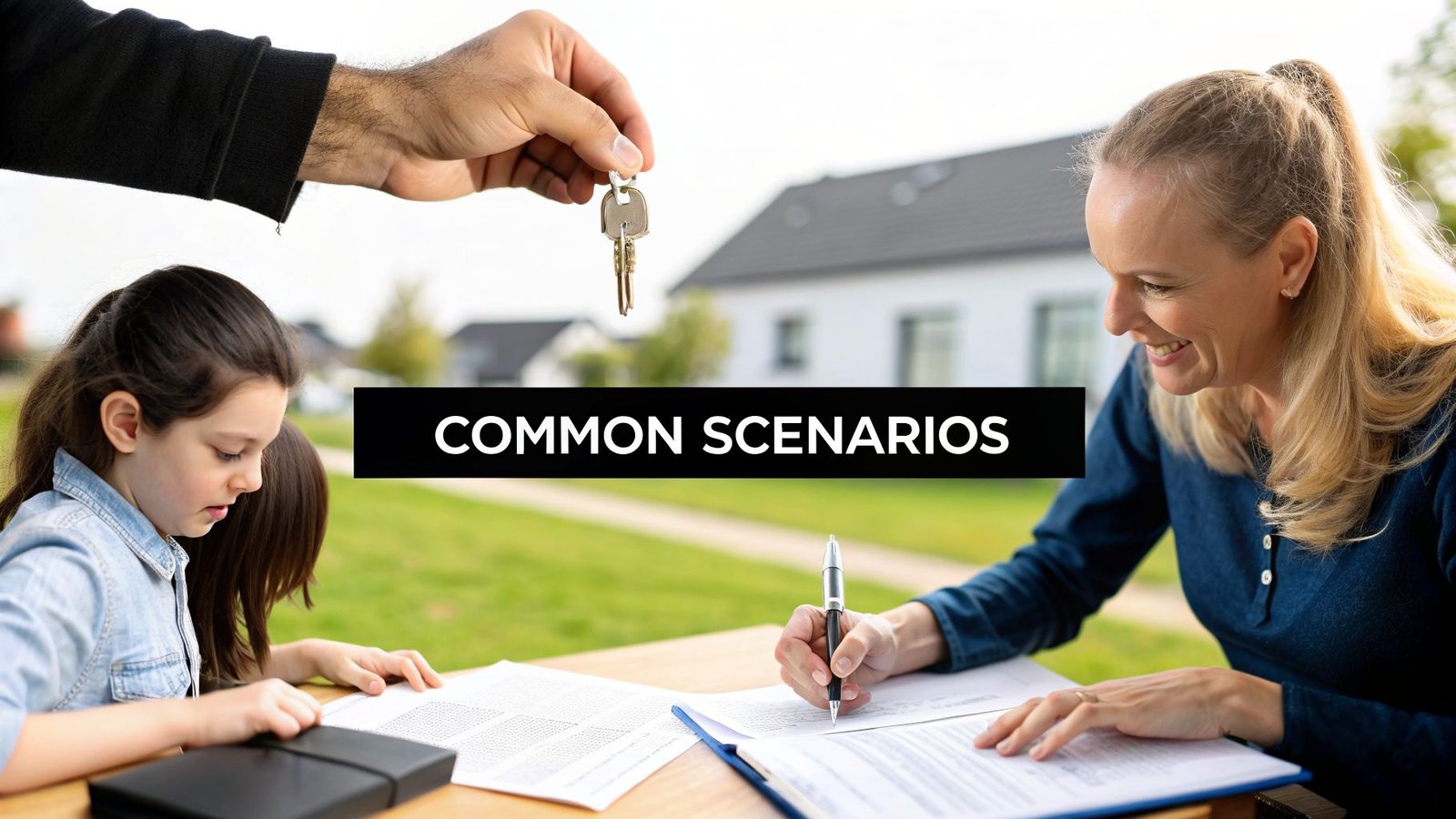 A smiling woman signs home purchase papers with her child, while receiving new house keys.