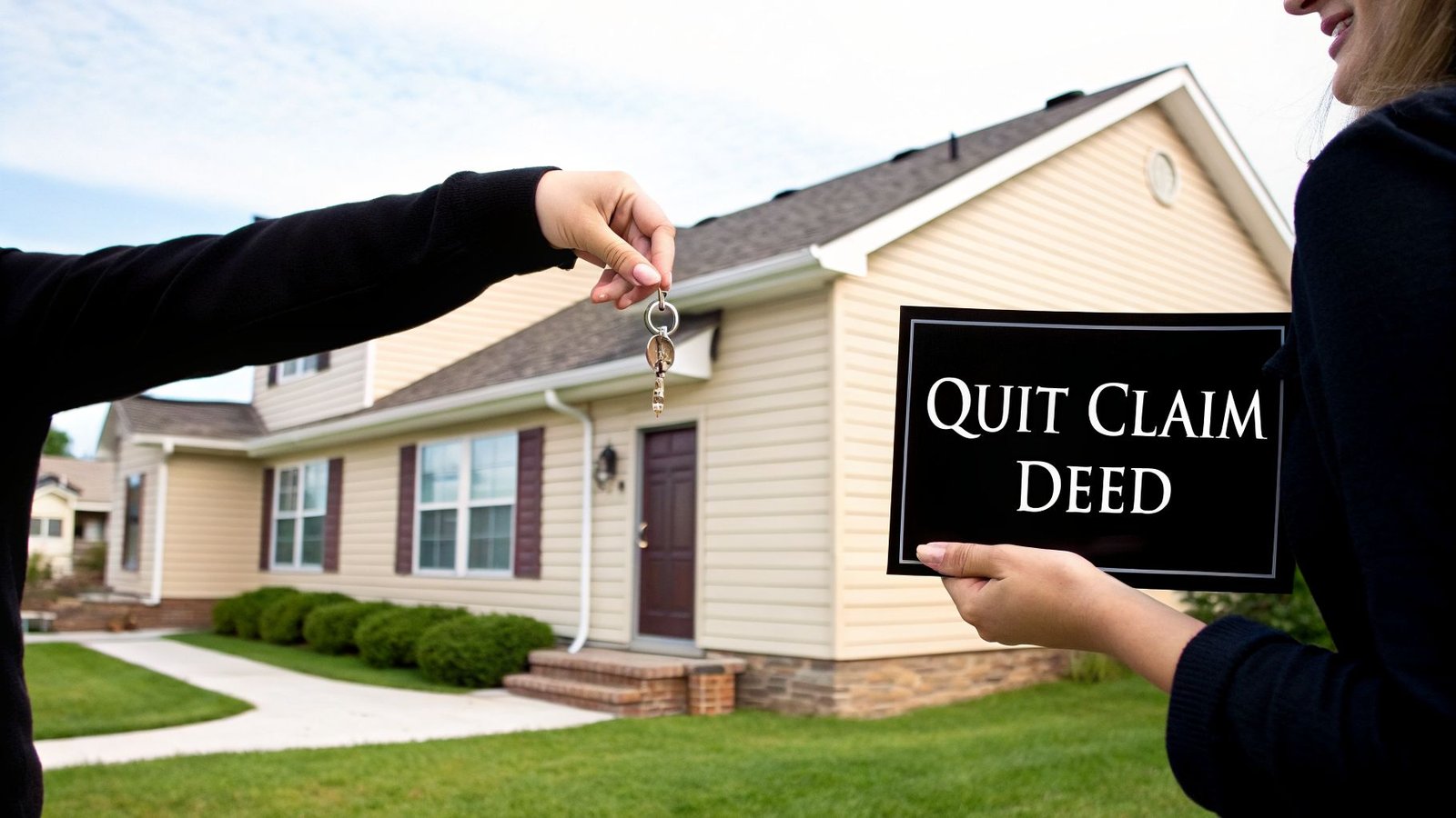 A person holding house keys and another holding a 'Quit Claim Deed' sign in front of a house.
