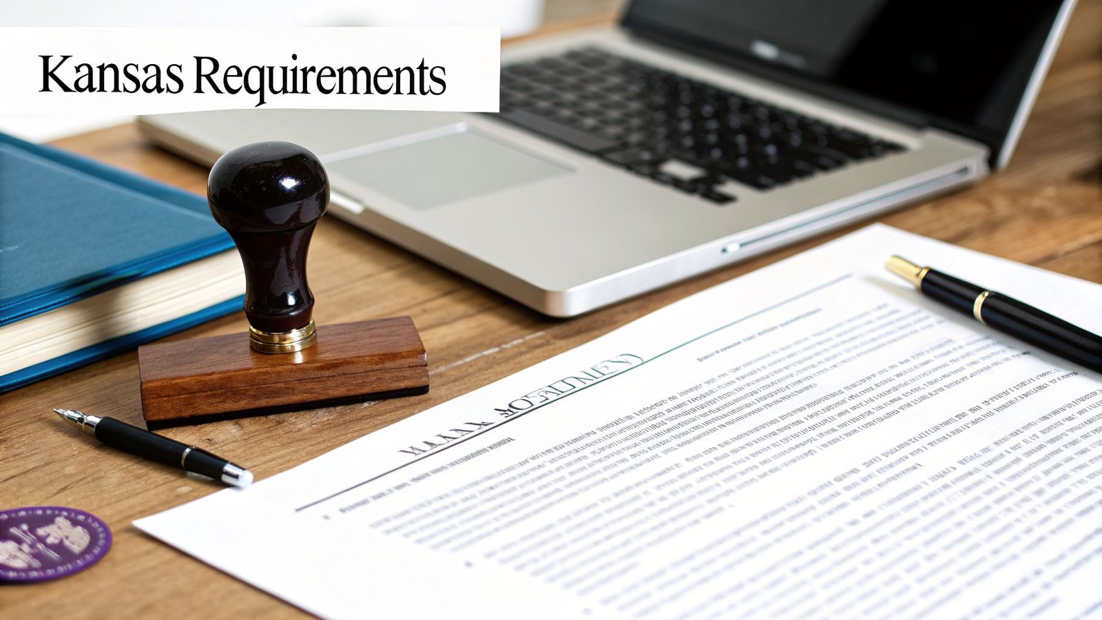 A desk with a notary stamp, pens, legal document, book, and laptop, indicating Kansas requirements.
