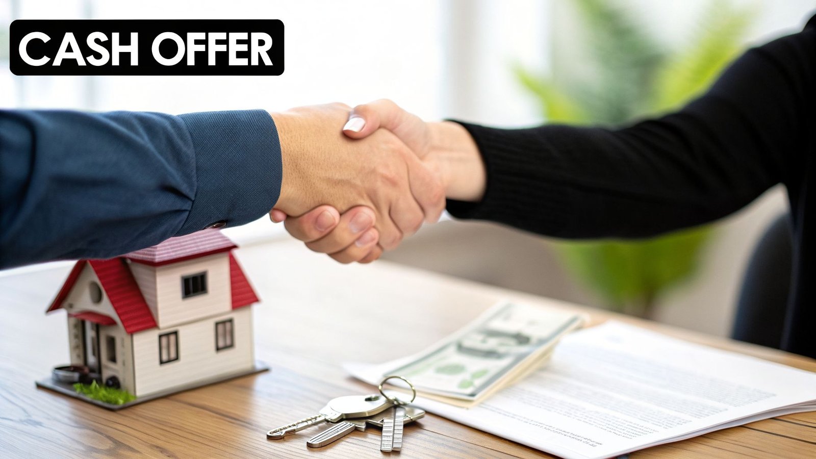 Two people shake hands over a table with a model house, keys, and cash, symbolizing a cash offer for property.