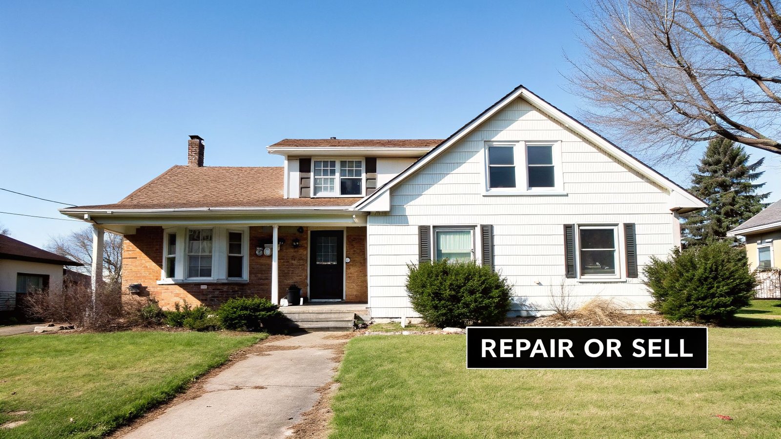 A two-story house with a brown roof and a 'REPAIR OR SELL' sign on the green lawn.