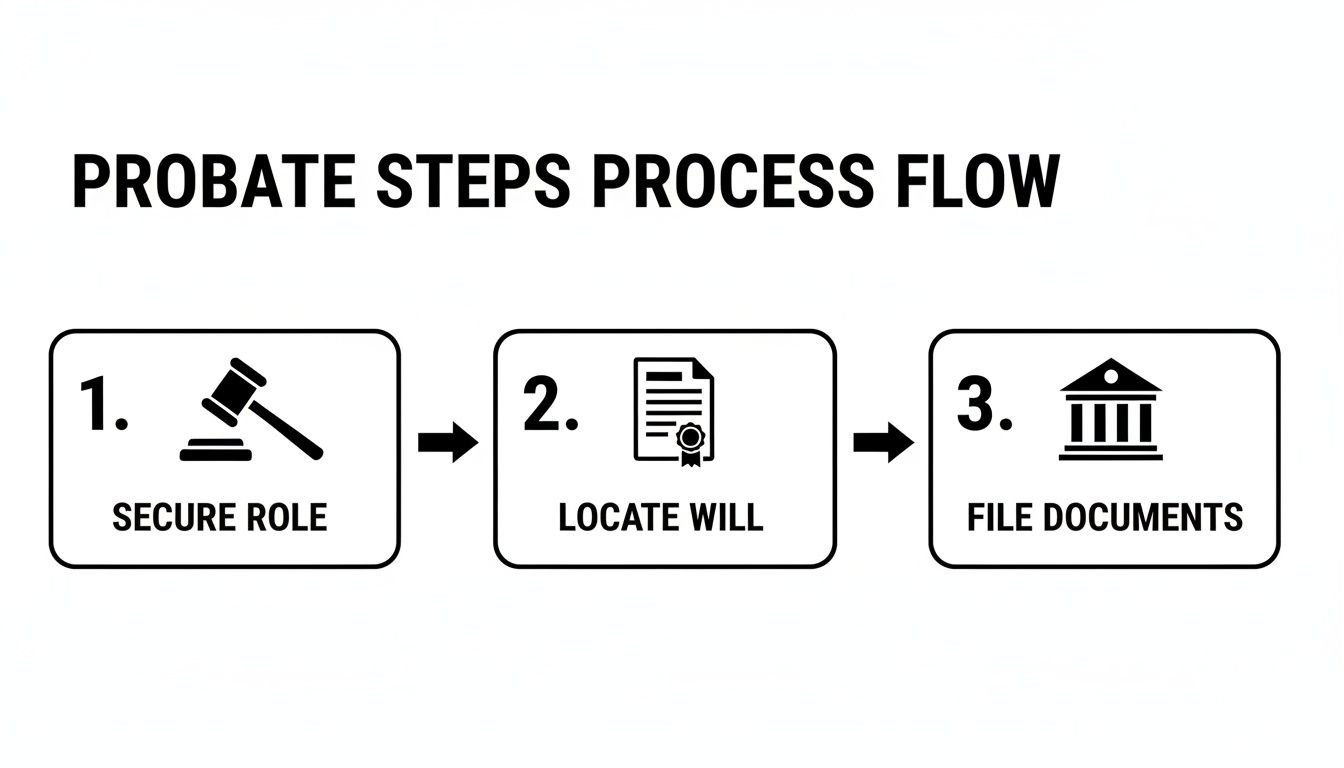 A probate process flow infographic showing three steps: Secure Role, Locate Will, and File Documents.