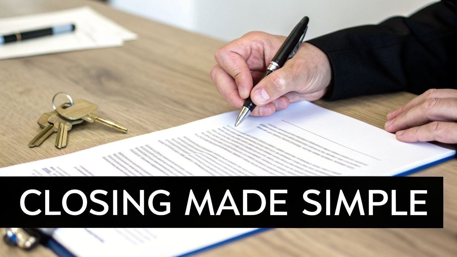 A person's hand signs a property contract on a wooden desk, with house keys nearby.