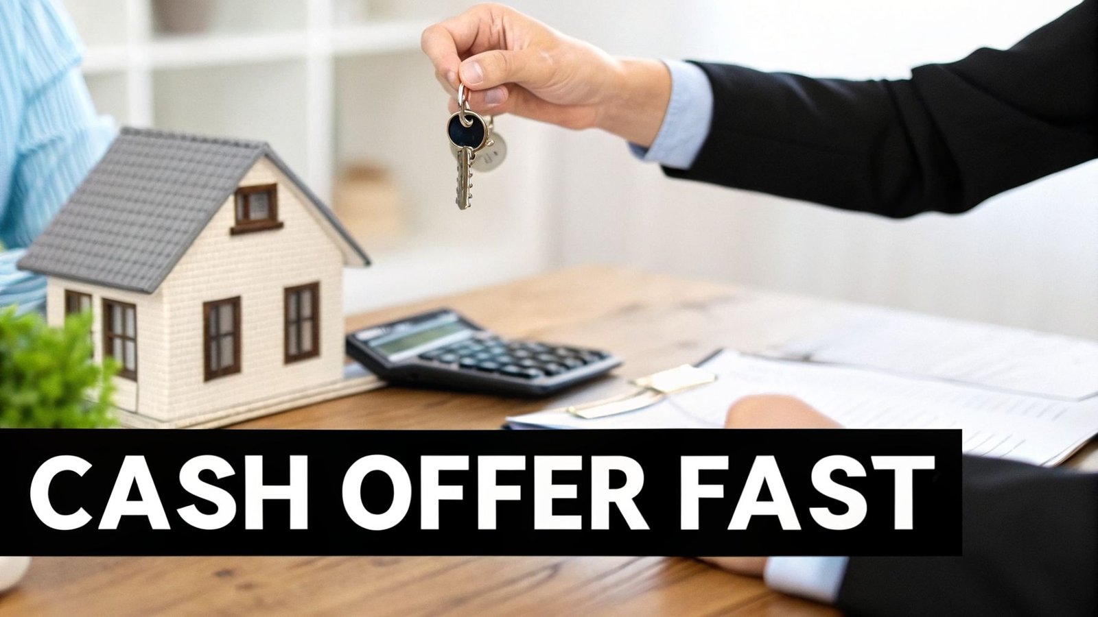 A real estate agent hands house keys over a table with a house model and calculator, with text 'CASH OFFER FAST'.
