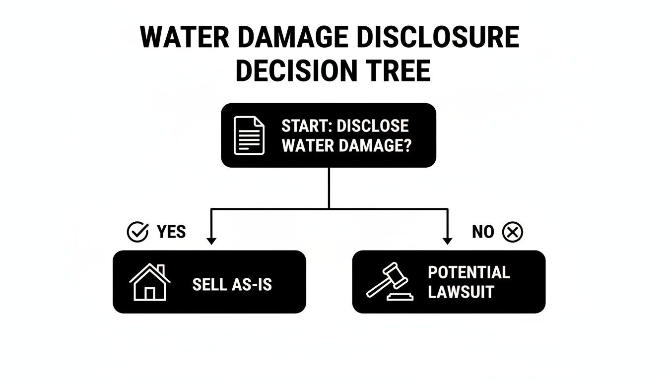 A decision tree flowchart outlining whether to disclose water damage when selling a house.