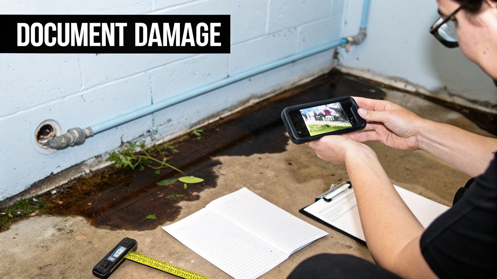 An inspector documenting severe water damage near a pipe with a phone and measuring tools.