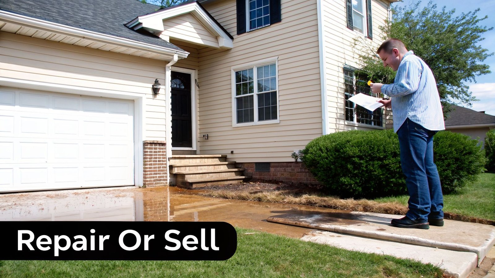 A man in a striped shirt inspects significant water damage around a beige house, contemplating repairs or sale.