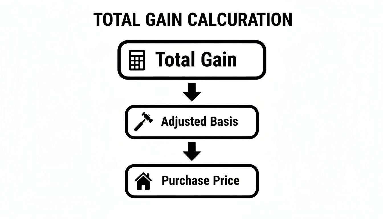 Flowchart illustrating total gain calculation steps: Total Gain, Adjusted Basis, and Purchase Price.