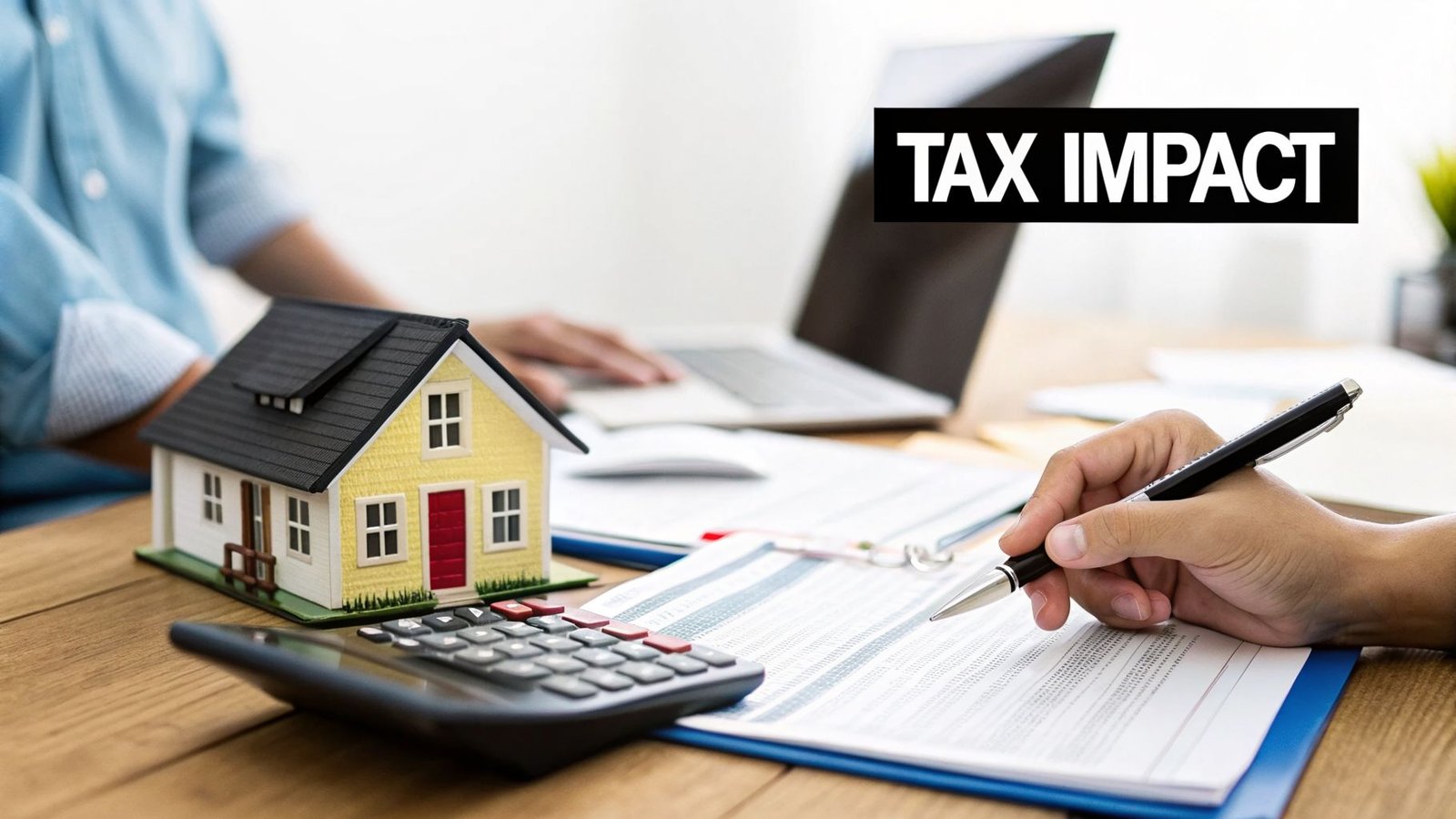 A desk with a miniature house model, calculator, documents, and hands working, illustrating 'TAX IMPACT'.