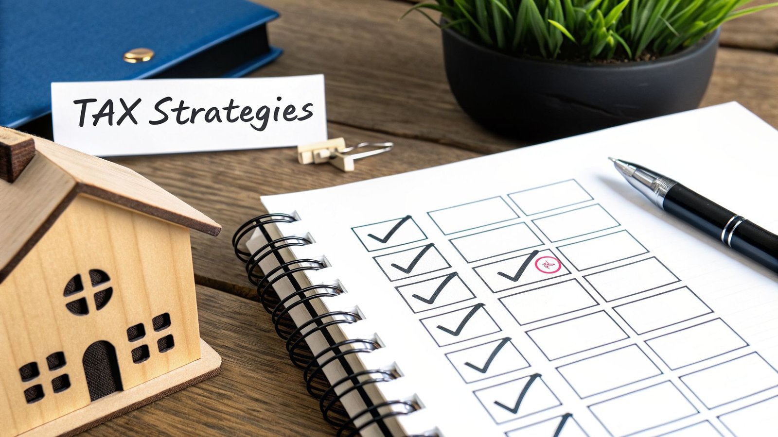 Tax planning checklist with a small house model and 'TAX Strategies' card on a wooden desk.