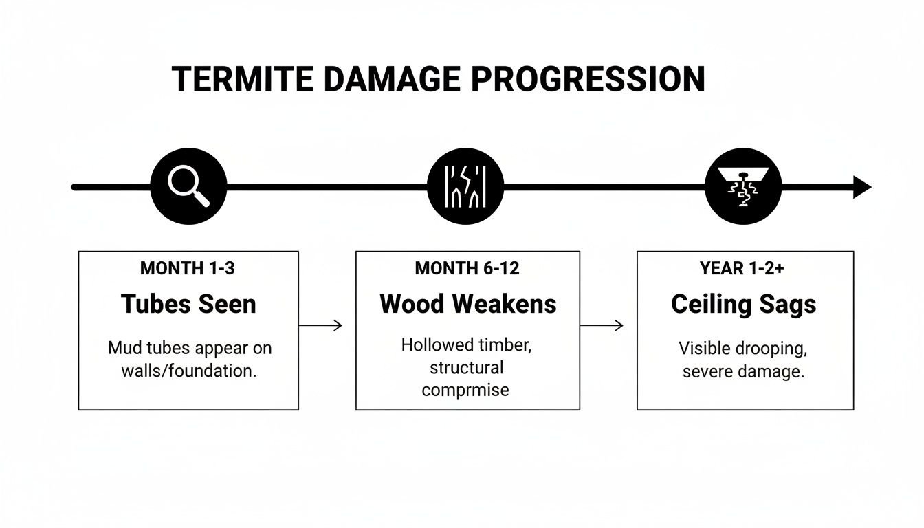 Timeline illustrating termite damage progression from initial mud tubes to weakened wood and sagging ceilings.