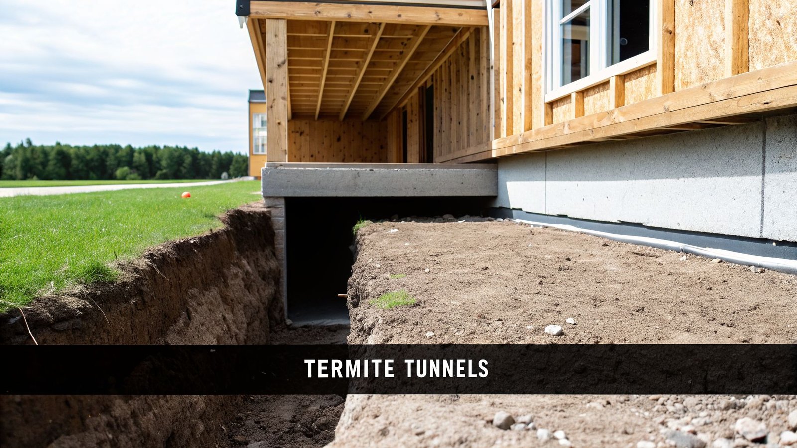 A deep trench excavated around a new building's concrete foundation, showing exposed soil and wood framing.