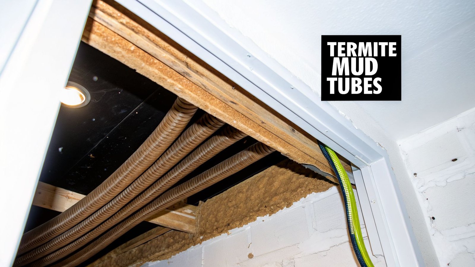 Close-up of a ceiling with wooden beams, corrugated pipes, and visible termite mud tubes.