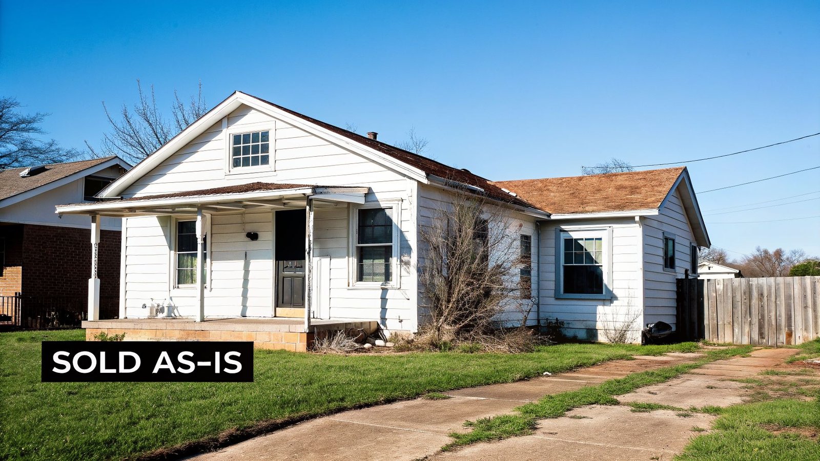 An older white house with a brown roof and front porch, displaying a "SOLD AS-IS" sign in the yard.