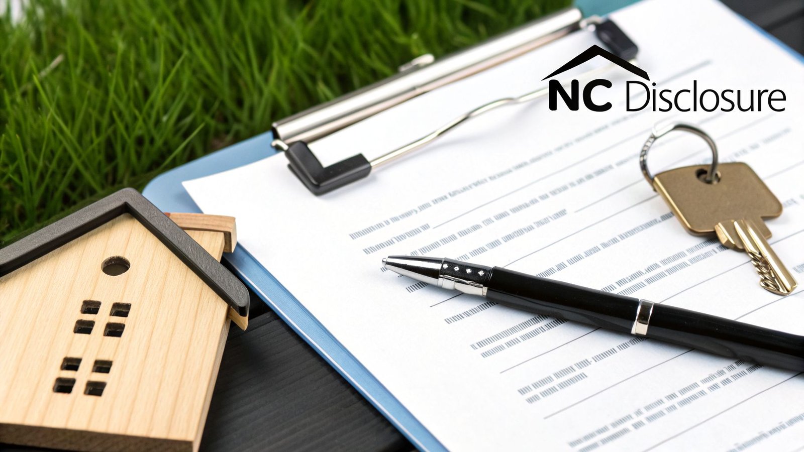 Miniature wooden house, pen, and key on a disclosure document with a clipboard, showing the 'NC Disclosure' logo.