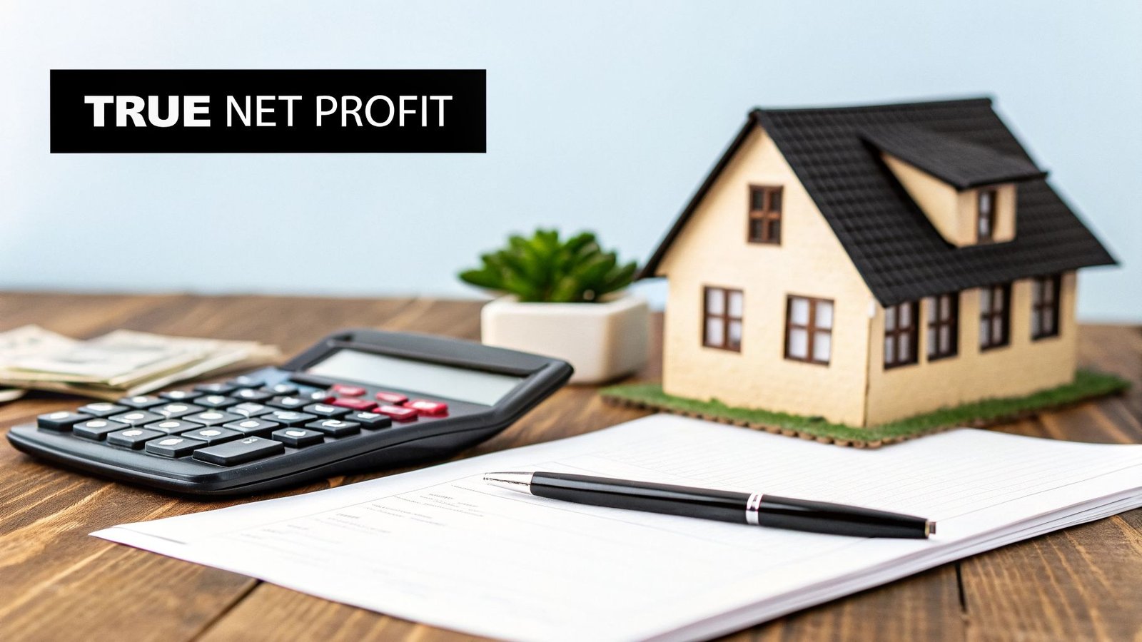 Calculator, pen, paper, and model house on a desk with 'TRUE NET PROFIT' banner, representing real estate calculations.